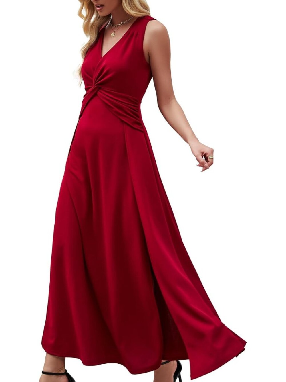 Women's Burgundy V Neck Sleeveless Back Zipper Formal Weddings Guest Maxi Dress